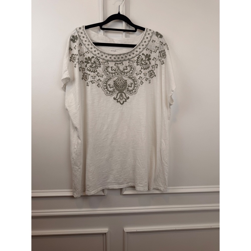 Pure Jill J Jill Embroidered Cap Sleeve Top White Cotton Slub Floral 2X